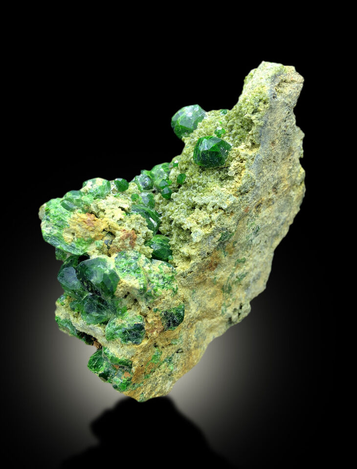 rare green garnet specimen for collectors
natural mineral specimen with green garnets
cabinet size demantoid garnet display piece