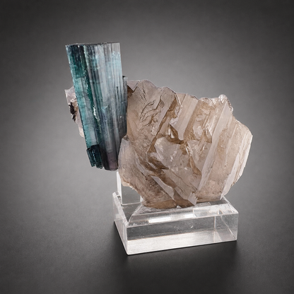 Indicolite Tourmaline on Smoky Quartz – Blue Pink Tourmaline Crystal Specimen, Paprok Afghanistan, 200 gram