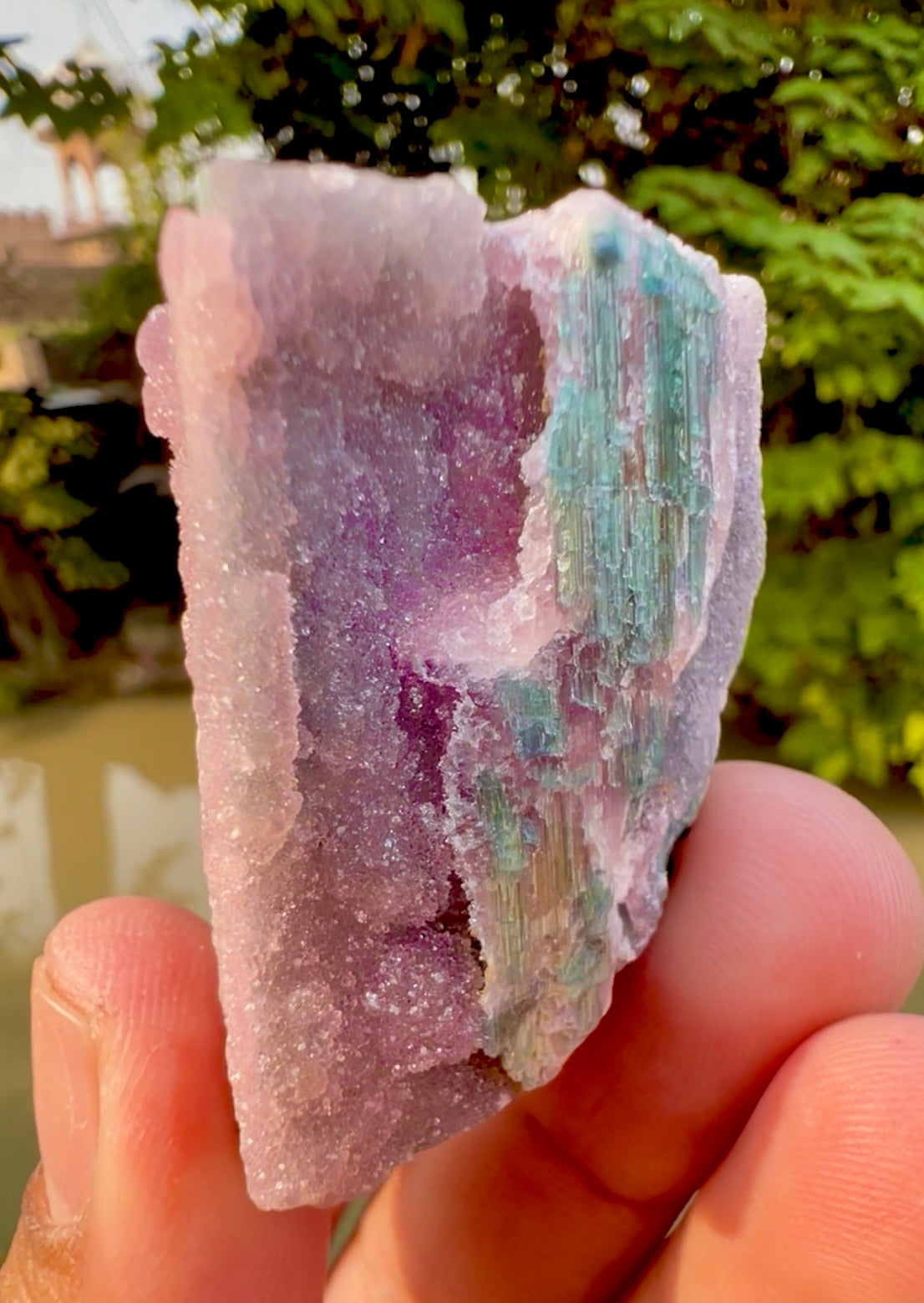 Crystallized Pink Rose Quartz on Cats Eye Tourmaline from Afghanistan - 60 gram