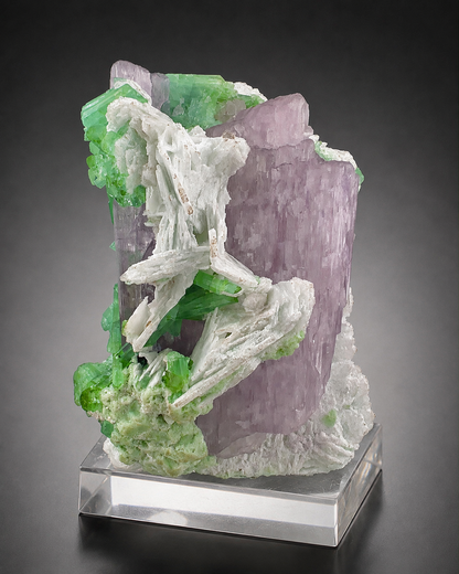 Natural Pink Kunzite with Green Tourmalines and Clevelandite Albite Specimen with Custom Base, 567 gram