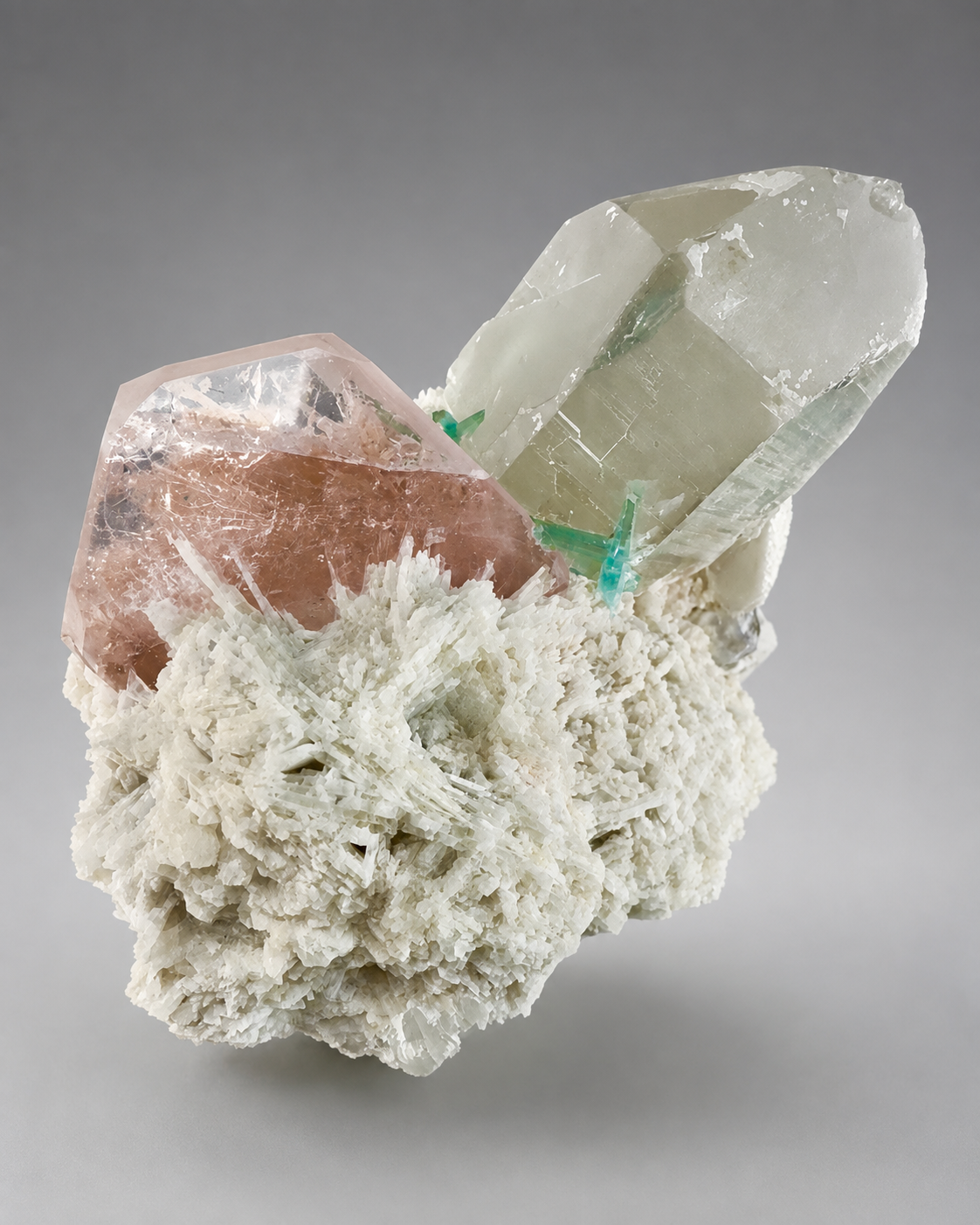 Natural Morganite with Green Tourmaline, Smoky Quartz and Clevelandite Albite from Afghanistan, 631 gram