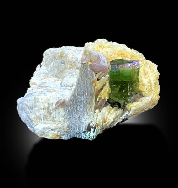TERMINATED BICOLOUR TOURMALINE CRYSTAL WITH PINK LEPIDOLITE, ALBITE AND FELDSPAR FROM PAPROK, 88 GRAM