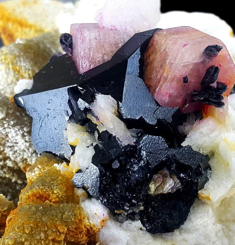 Pink Apatite Crystals with Tantalite , Schorl and Albite Mineral Specimen from Skardu Pakistan, 349 g, 92*82 mm