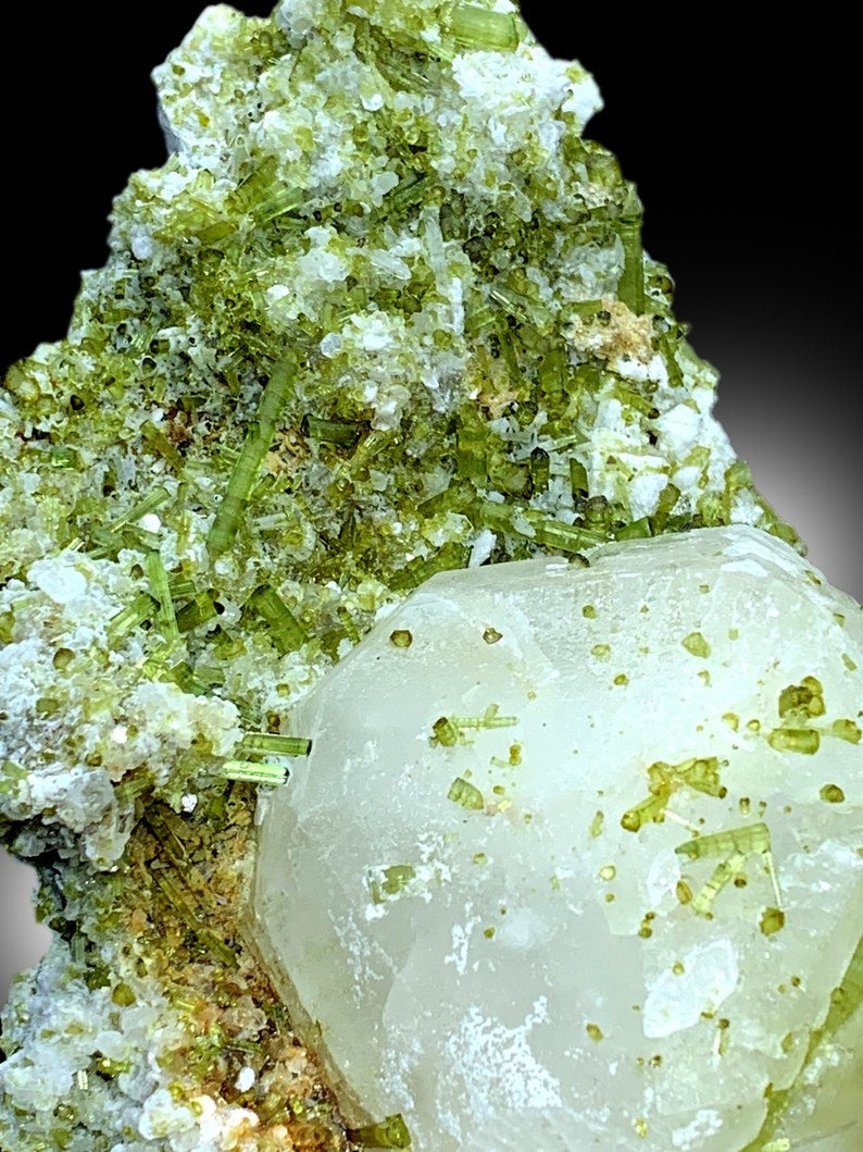 Green Tourmaline Crystals Cluster with Pollucite Mineral Specimen From Chapu Mine Skardu Pakistan - 873 gram