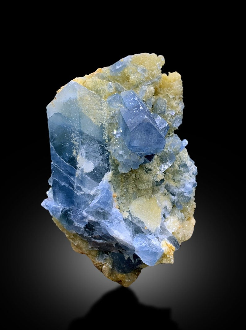Natural Blue Color Celetine Crystals Cluster, Celestine with Yellow Calcite, Celestine Specimen, Celestine from Baghdis, Afghanistan, 396 g