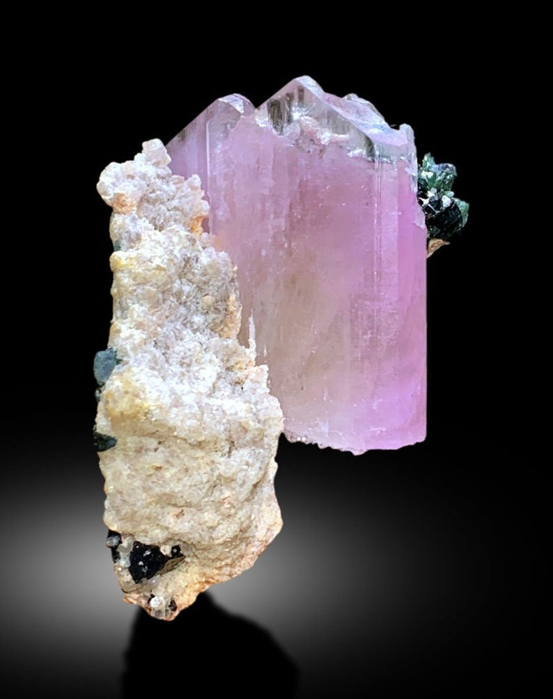 Kunzite Specimen, Terminated Pink Kunzite With Blue Tourmalines on Feldspar, Mineral Specimen, Kunzite From Afghanistan - 214 gram