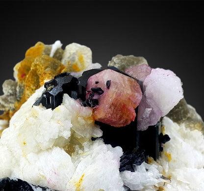 Pink Apatite Crystals with Tantalite , Schorl and Albite Mineral Specimen from Skardu Pakistan, 349 g, 92*82 mm