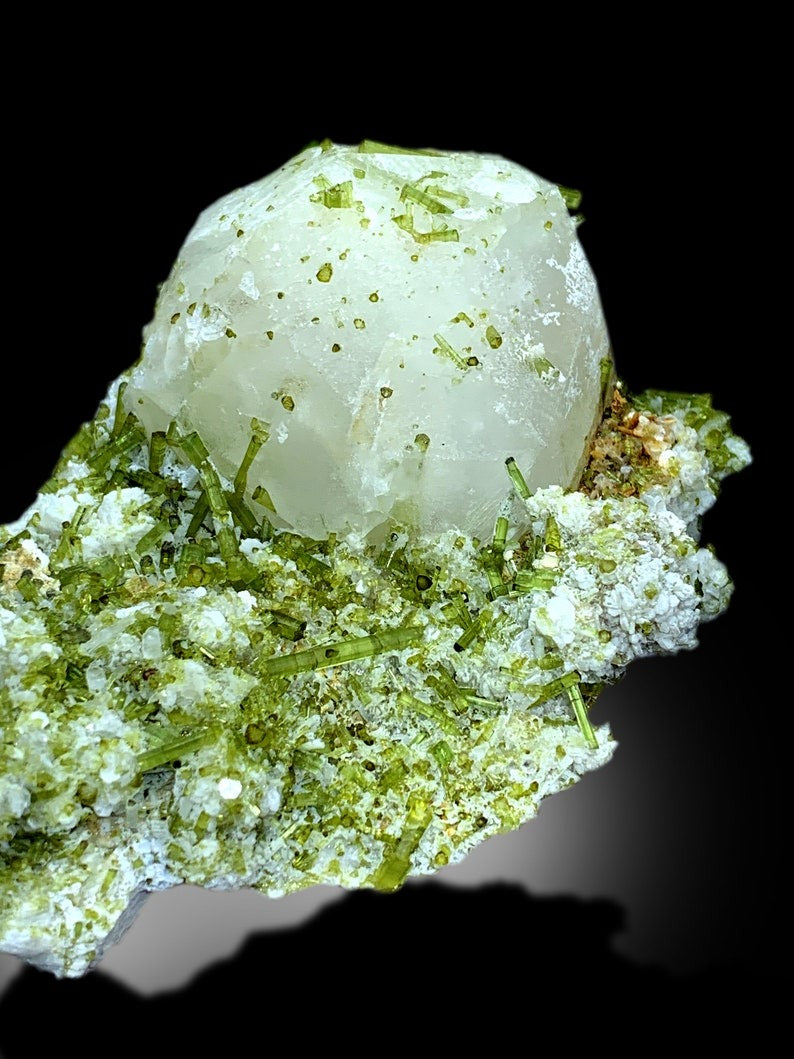 Green Tourmaline Crystals Cluster with Pollucite Mineral Specimen From Chapu Mine Skardu Pakistan - 873 gram