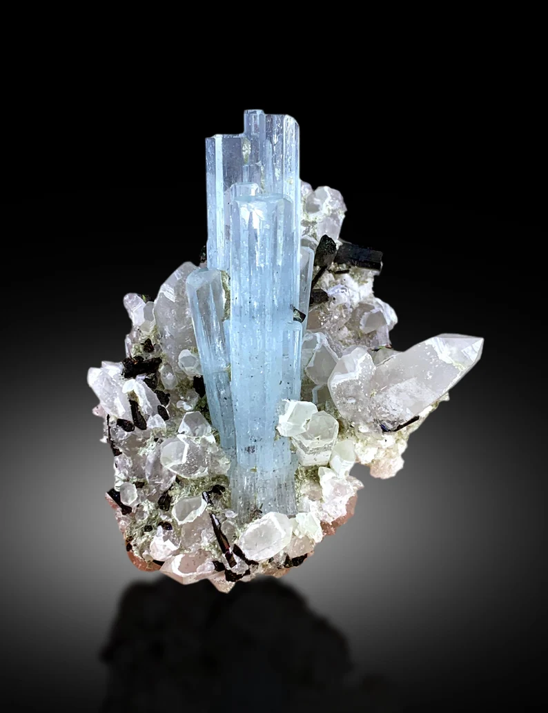 Blue Aquamarine Crystals with Schorl Tourmalines and Quartz, Aquamarine Specimen from Shigar valley Skardu Pakistan - 60 gram