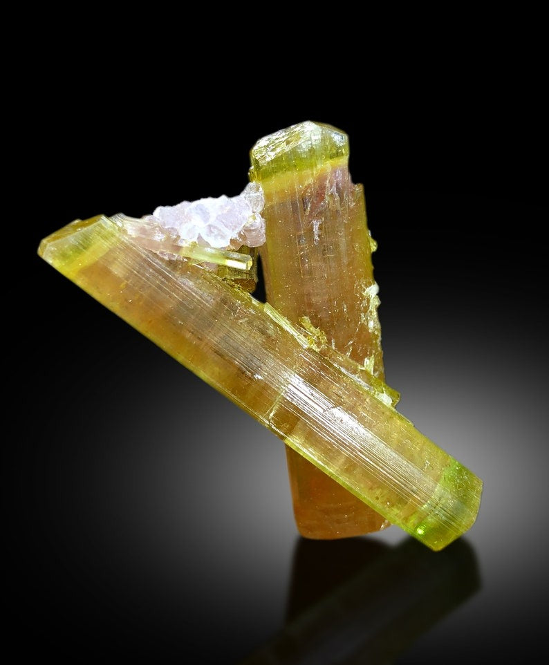 16 gram twinned DT watermelon tourmaline with lepidolite
Double terminated watermelon tourmaline crystal both ends natural