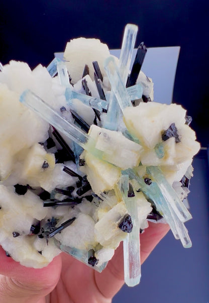 Aquamarine crystals with Schorl on Feldspar from Pakistan, 300 gram