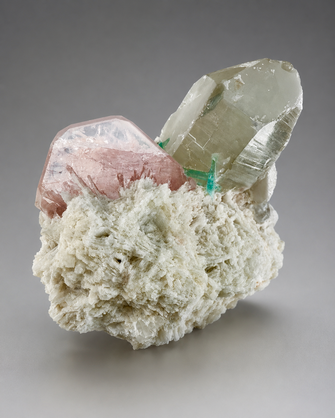 Natural Morganite with Green Tourmaline, Smoky Quartz and Clevelandite Albite from Afghanistan, 631 gram