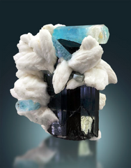 Aquamarine Crystals on Black Tourmaline Schorl and Albite from Afghanistan - 225 g , 70*55*52 mm