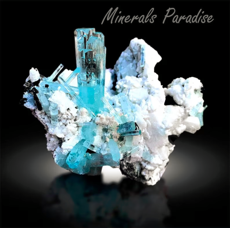 Natural Blue Aquamarine Crystals Cluster with Schorl and Feldspar Mineral Specimen from Shigar Valley Skardu Pakistan - 466 gram