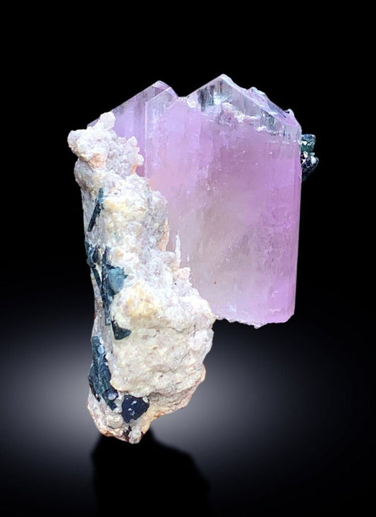 Kunzite Specimen, Terminated Pink Kunzite With Blue Tourmalines on Feldspar, Mineral Specimen, Kunzite From Afghanistan - 214 gram