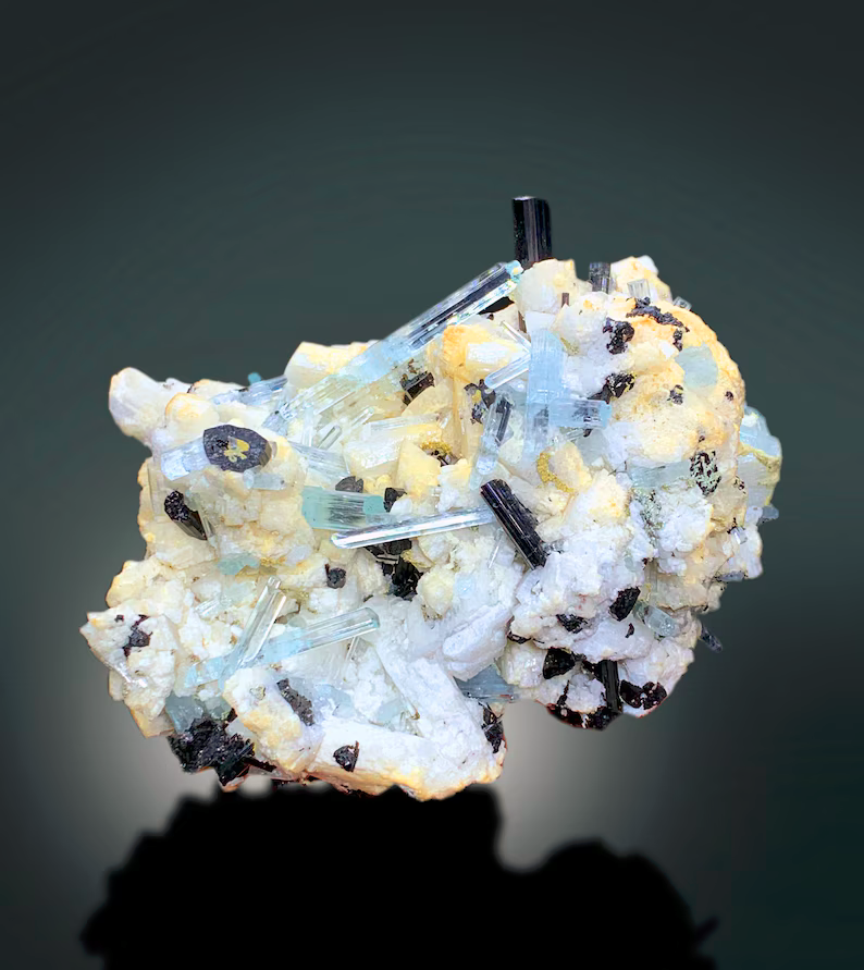 Aquamarine Crystals, Tourmaline Specimen, Aquamarine Specimen, Aquamarines with Schorl, Top Grade Aquamarine Specimen from Skardu, 429g