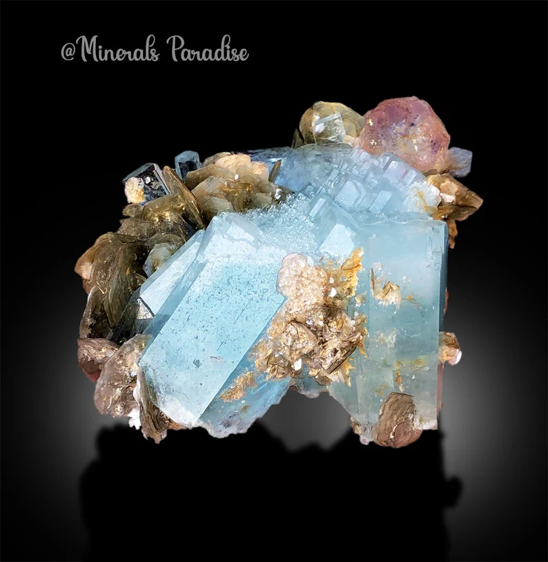 Pink Fluorite on Aquamarine Crystals, Fluorite Crystal, Aquamarine Specimen, Aquamarine for sale, Fluorite Specimen, Mineral Specimen, 288 g