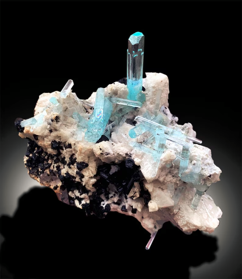 Aquamarine Crystals, Tourmaline Specimen, Aquamarine Specimen, Aquamarines with Schorl, Top Grade Aquamarine Specimen from Skardu, 601g