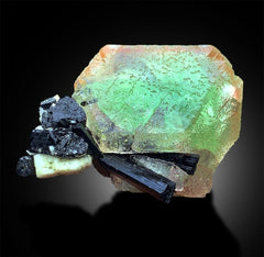 Bicolor Fluorite Crystal with Tourmaline Crystals, Pink and Green Color Fluorite Specimen, Fluorite stone, Mineral Specimen, 329g