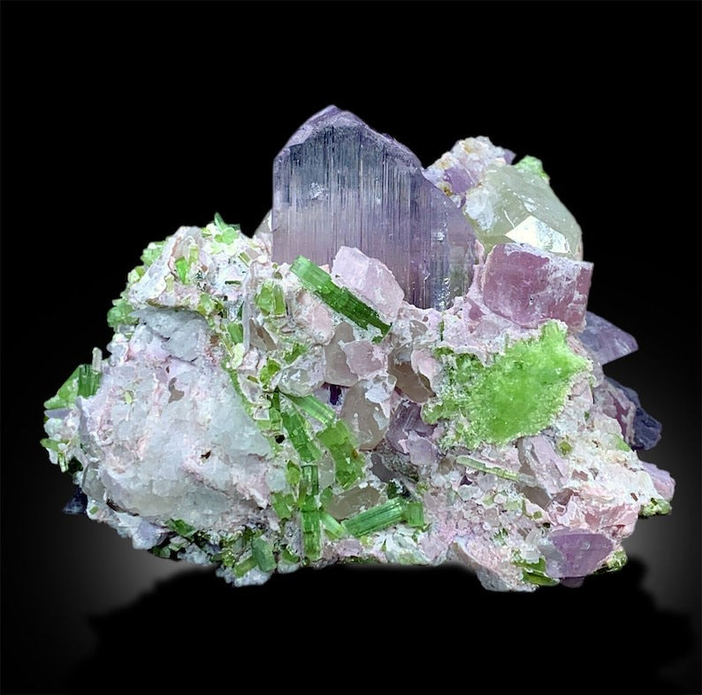 Pink Kunzite Crystals with Green Tourmaline Cluster, Kunzite Stone, Tourmaline Crystals, Combo Mineral Specimen from Afghanistan, 348 gram