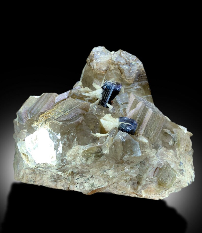 Natural Blue Cap Tourmaline Crystals with Smoky Quartz, Cleavelandite Albite and Mica, Tourmaline from Paproke Afghanistan - 2934 gram