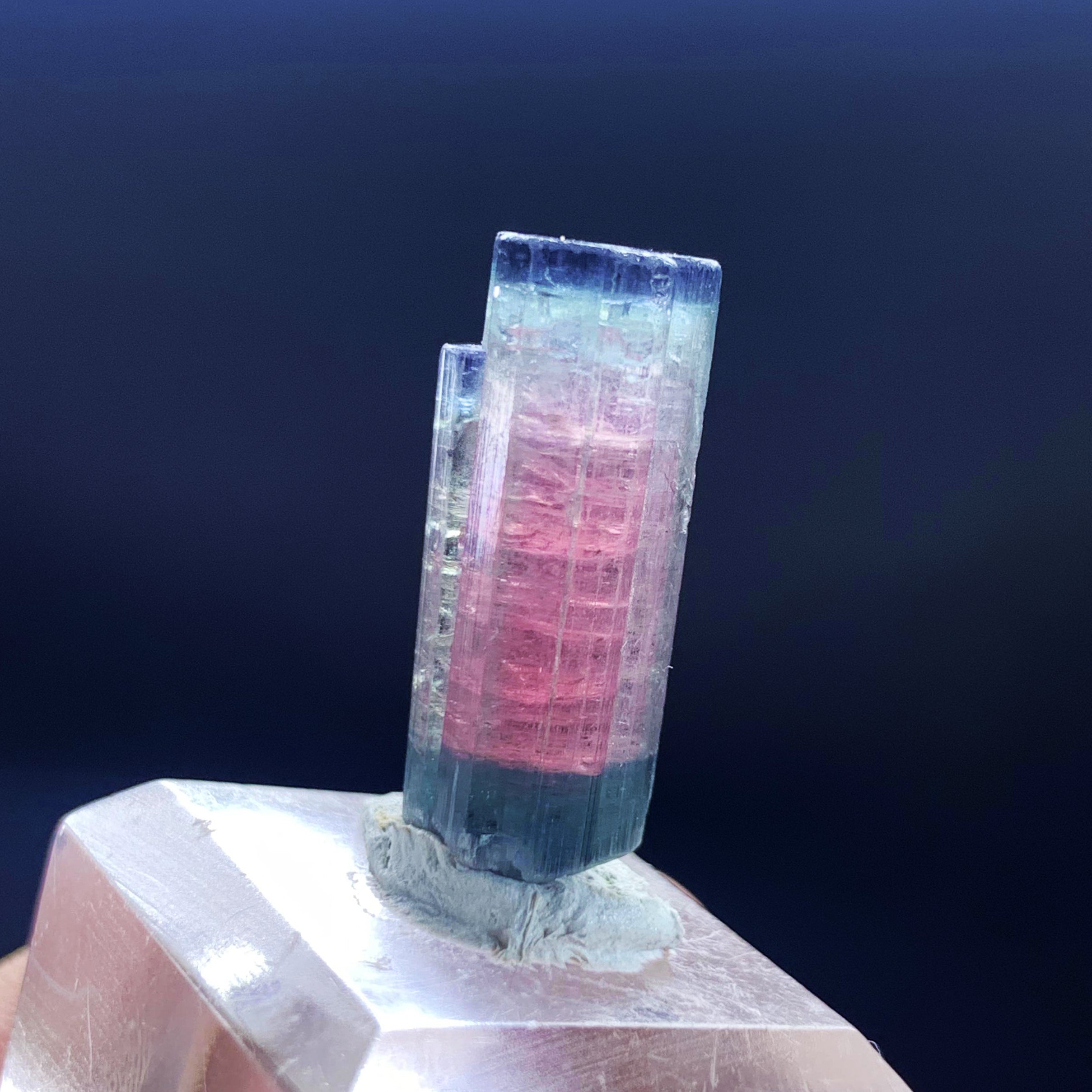 Double Terminated Tourmaline Crystal, Tri Color Tourmaline Pendant Stone, Blue Cap Crystal