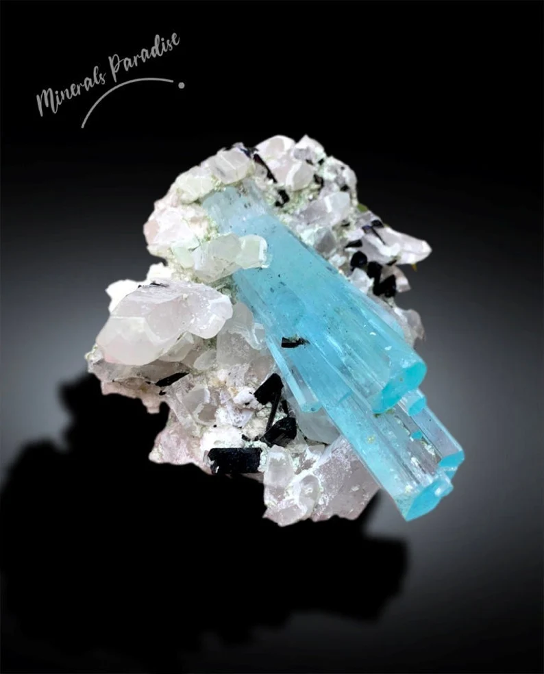 Blue Aquamarine Crystals with Schorl Tourmalines and Quartz, Aquamarine Specimen from Shigar valley Skardu Pakistan - 60 gram