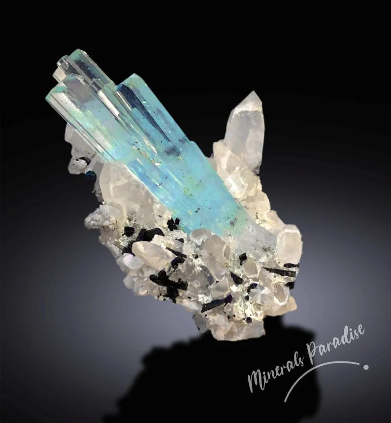 Blue Aquamarine Crystals with Schorl Tourmalines and Quartz, Aquamarine Specimen from Shigar valley Skardu Pakistan - 60 gram