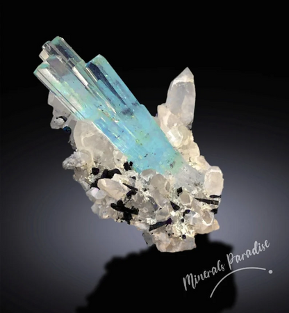 Blue Aquamarine Crystals with Schorl Tourmalines and Quartz, Aquamarine Specimen from Shigar valley Skardu Pakistan - 60 gram