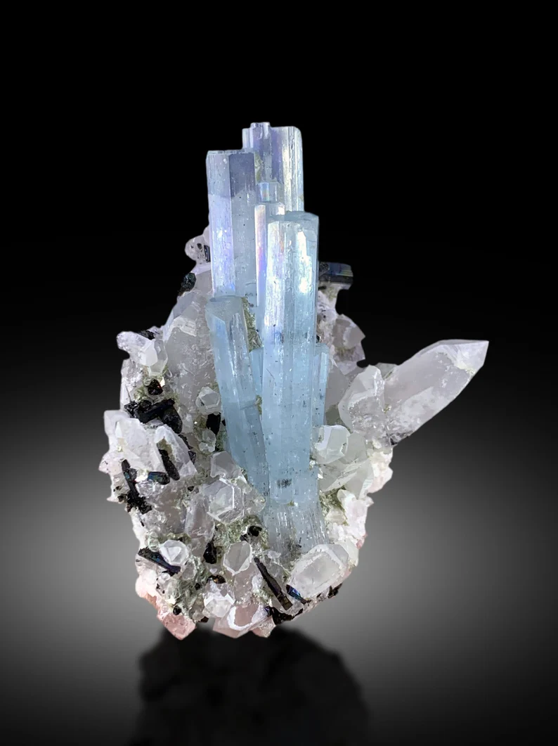 Blue Aquamarine Crystals with Schorl Tourmalines and Quartz, Aquamarine Specimen from Shigar valley Skardu Pakistan - 60 gram