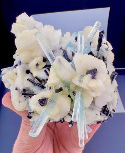 Aquamarine crystals with Schorl on Feldspar from Pakistan, 300 gram