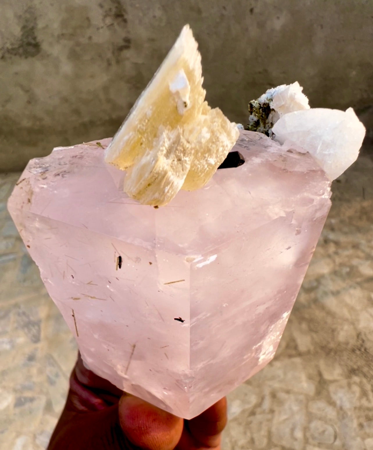Pink Morganite crystal with Tourmalines, Mica and Feldspar from Pakistan, 365 gram
