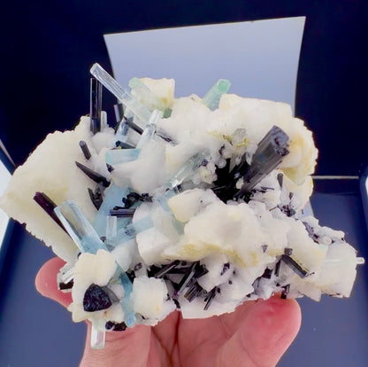 Aquamarine crystals with Schorl on Feldspar from Pakistan, 300 gram