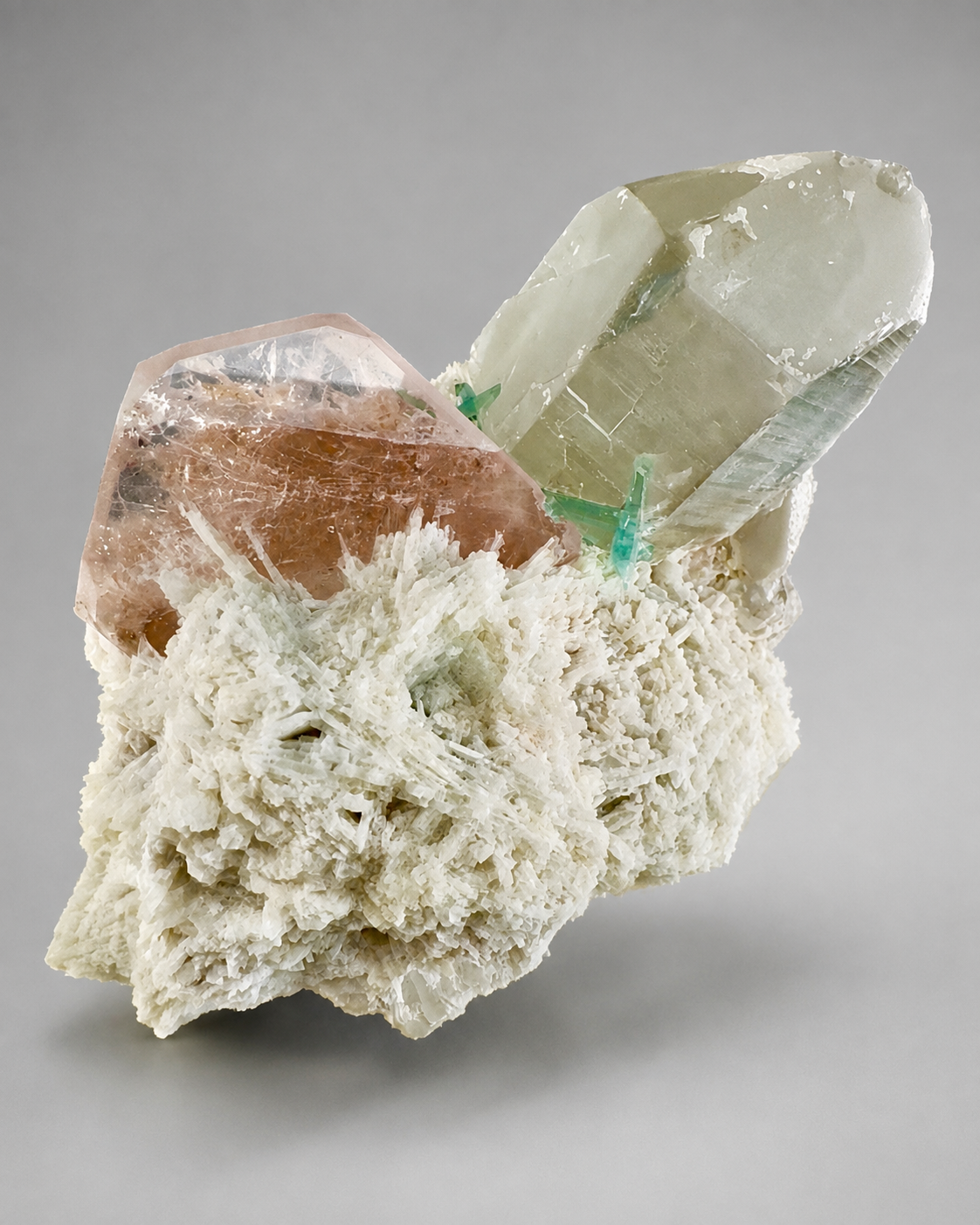 Natural Morganite with Green Tourmaline, Smoky Quartz and Clevelandite Albite from Afghanistan, 631 gram