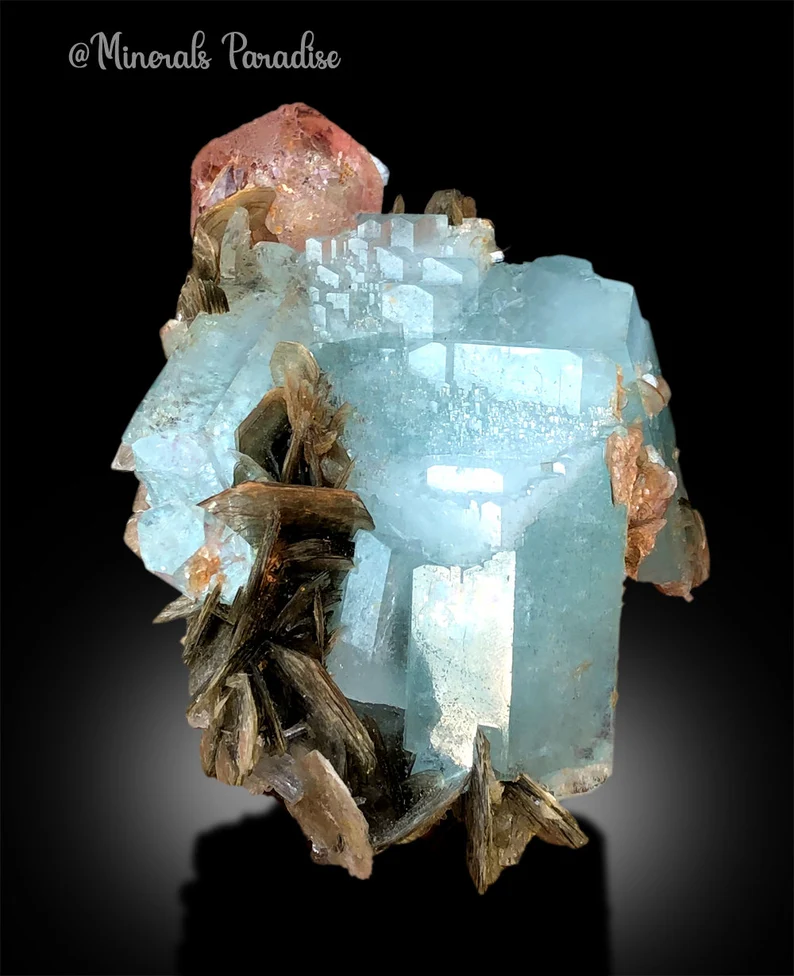 Pink Fluorite on Aquamarine Crystals, Fluorite Crystal, Aquamarine Specimen, Aquamarine for sale, Fluorite Specimen, Mineral Specimen, 288 g