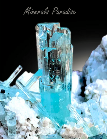 Natural Blue Aquamarine Crystals Cluster with Schorl and Feldspar Mineral Specimen from Shigar Valley Skardu Pakistan - 466 gram