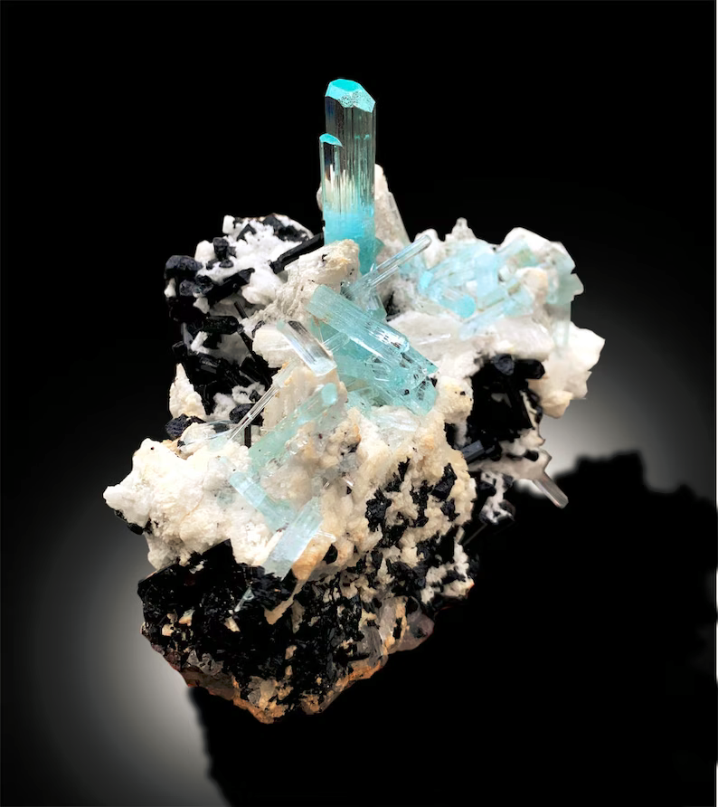 Aquamarine Crystals, Tourmaline Specimen, Aquamarine Specimen, Aquamarines with Schorl, Top Grade Aquamarine Specimen from Skardu, 601g