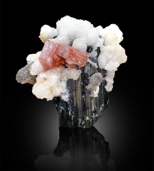 Pink Apatite Crystals with Tantalite, Schorl and Albite Mineral Specimen from Skardu Pakistan, 250 g, 68*61*53 mm