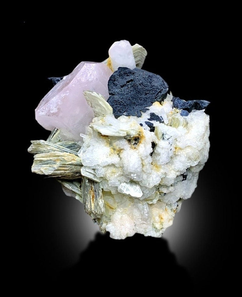 Pink Morganite with Tourmaline, Muscovite Mica, Schorl Crystal, Morganite Specimen, Tourmaline crstal, Mineral Specimen, 209 g