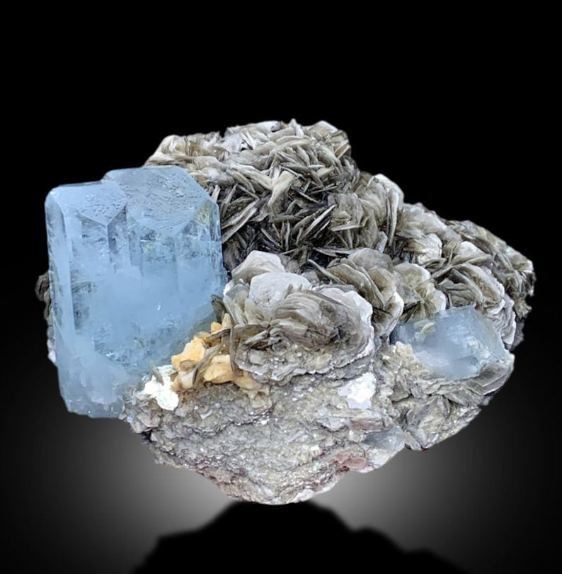 Blue Aquamarines With Muscovite Mica Mineral Specimen From Nagar Pakistan - 640 gram