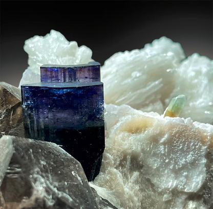 Blue Cap Tourmaline Crystals with Herderite , Albite , Smoky Quartz and Feldspar Specimen from Paproke Afghanistan - 808 g, 110*80*70 mm