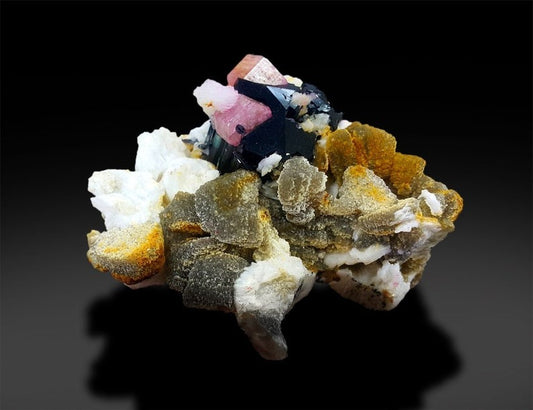 Pink Apatite Crystals with Tantalite , Schorl and Albite Mineral Specimen from Skardu Pakistan, 349 g, 92*82 mm