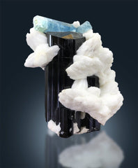 Aquamarine Crystals on Black Tourmaline Schorl and Albite from Afghanistan - 225 g , 70*55*52 mm