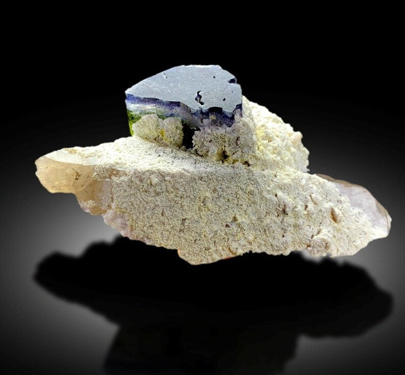 Blue Cap Tourmaline with Hambergite Lepidolite and Smoky Quartz Specimen from Paprok, Tourmaline For Sale 289 Gram