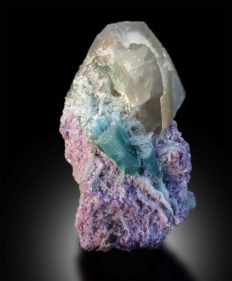 Paraiba Like Tourmalines With Pink Lepidolite and Quartz Mineral Specimen From Afghanistan - 1358 gram
