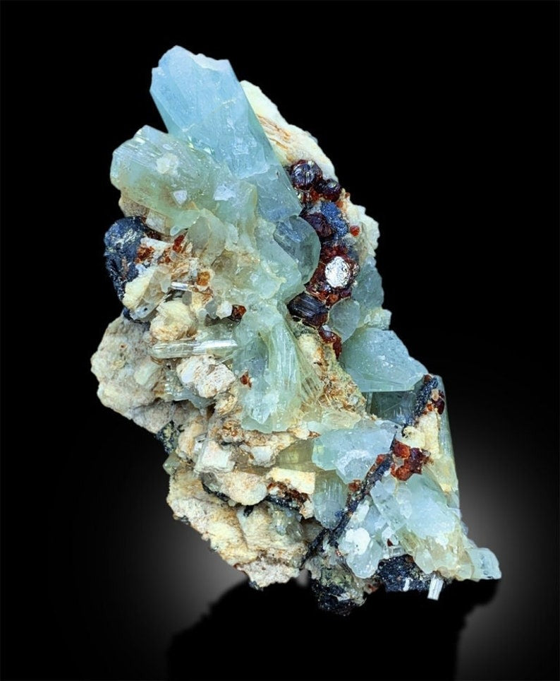 Aquamarine with Red Garnet Crystals And Schorl, Aquamarine Specimen, Garnet Cluster, Combo Specimen, Aquamarine Garnet Specimen