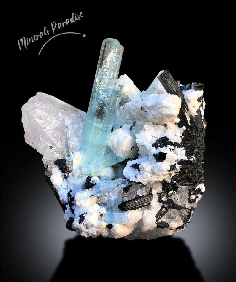 Aquamarine, Schorl,Quartz and Albite, Terminated Aquamarine, Aquamarine Specimen, Aquamarine Crystals, Combo Mineral, Mineral Specimen, 122g