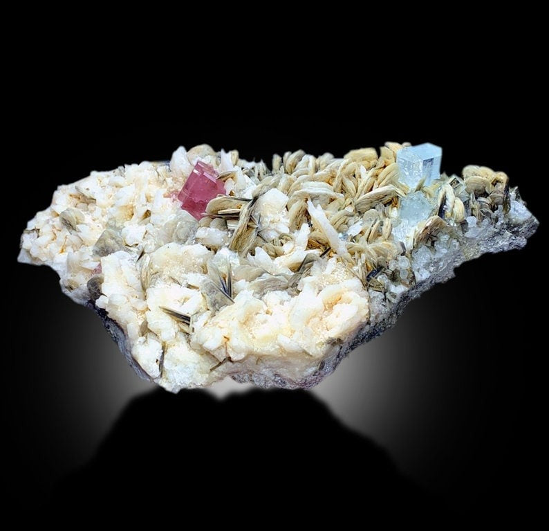 Pink Apatite With Aquamarine, Calcite and Mica Mineral Specimen From Nagar Pakistan - 711 gram