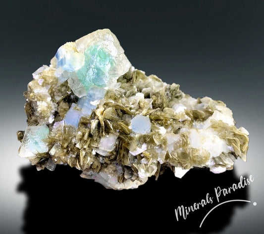Bi-color Fluorite Specimen with Aquamarine Crystals and Muscovite Mica, Fluorite Specimen, Aquamarine Specimen from Chumar Bakhoor - 367 g