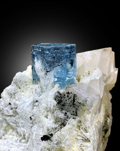 Natural Deep Blue Aquamarine Crystal with Schorl, Albite and Quartz Mineral Specimen from Haramosh Skardu Pakistan - 406 gram